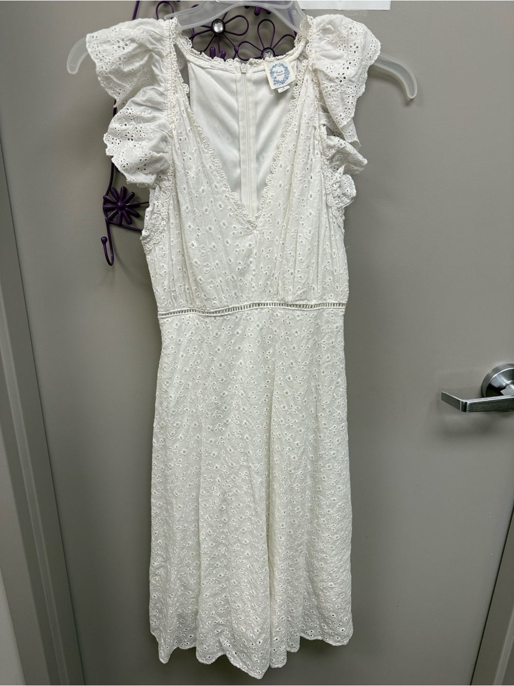 Blue Rain White Eyelet Lace Ruffle Sleeve Midi Dress Size Small Cottagecore